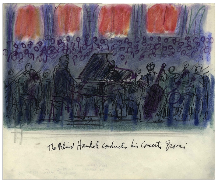 Bernard Krigstein Illustration, Entitled The Blind Handel conducts his Concerti Grossi-- Large Illustration Measures 17 x 14